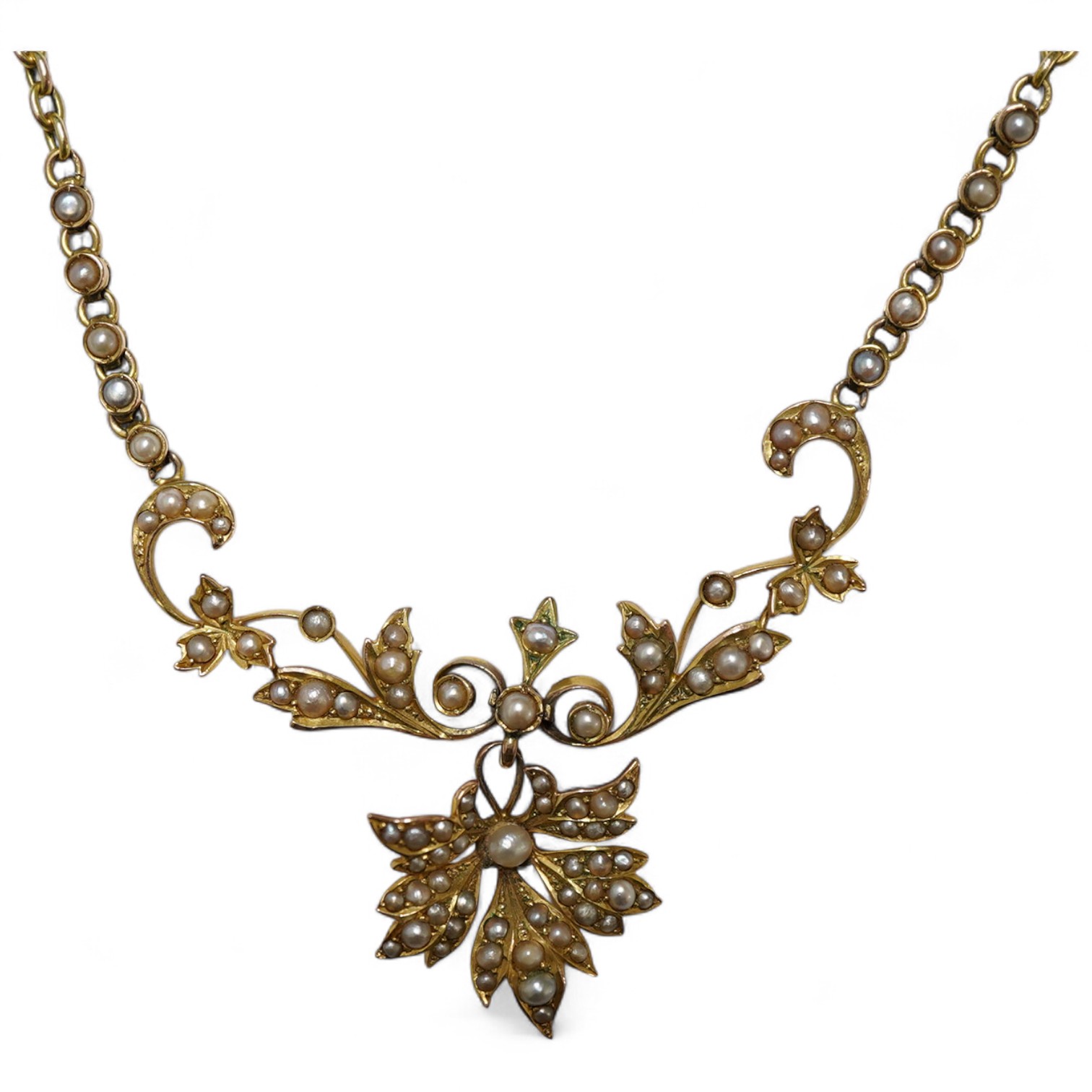 An Edwardian 9ct and split pearl cluster set drop pendant necklace, overall 44cm, gross weight 8 grams.